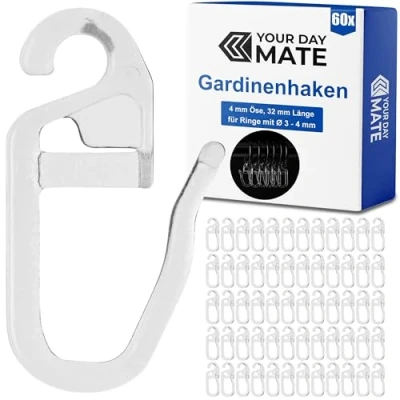 Image de 60 x Crochets à Rideaux avec œillets de 4 mm, Utilisables pour Anneaux Jusqu&#039;à Ø Rails et Tringles Rideaux, Accessoires Clapser Transparent