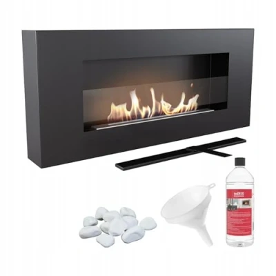 Image de KRATKI Delta Flat Cheminée Bio Ethanol + Galets Entonnoir Biocarburant Montage Mural Feu Réel, Récipient 0.4 l, Certifié TÜV Acier, 40 x 90 cm, Vitrage, Noir Mat