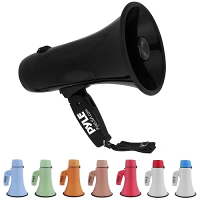 Image de Pyle Pmpra213bk Mégaphone Bullhorn léger et Portable, entrée auxiliaire (3,5 mm) pour MP3/musique, sirène Automatique, 20 W, Micro/Conversation (Noir) Unisexe