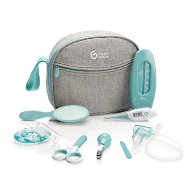 Image de Babymoov Trousse de Soin Bébé Dès la naissance Grand Format Kit Complet 9 Accessoires dont Brosse à Cheveux, Thermomètre digital, bain, Coupe Ongles Garantie vie, Aqua
