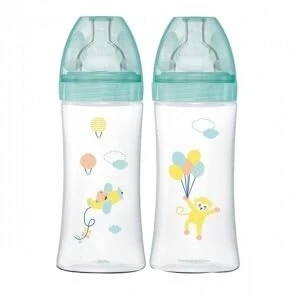 Image de DODIE Lot de 2 Biberons Anti Colique Sensation+ (2x330 mL) Tétine Plate, Débit 3, Sans BPA +6 mois Vert et Bleu Air