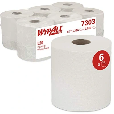 Image de WypAll Essuyeurs 7303 Industriels L20, bobine à dévidage central pour Roll Control, 2 épaisseurs, bleus (6 rouleaux de 336 formats)