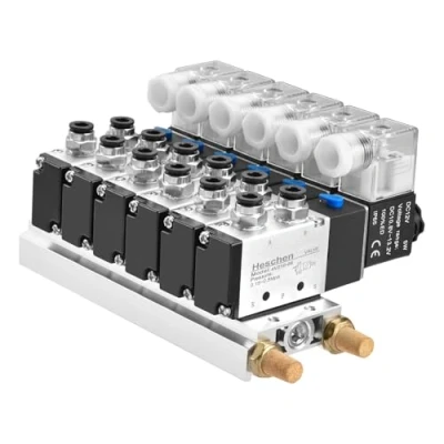 Image de Heschen Électrovanne pneumatique électrique 6 électrovanne 4V210 08, bobine DC12 V, port PT1/4&quot;, 5 voies 2 positions, base du colleteur, silencieux, ensemble de raccords rapides