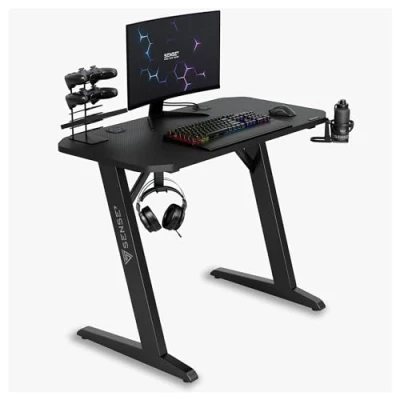 Image de SENSE7 Bureau Nomad Basic, Gaming 100x50, PC avec Crochet pour Casque, Porte gobelet, Support Manette, Surface en Fibre de Carbone, Ergonomique