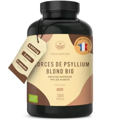 Image de Psyllium Blond BIO Téguments purs à 99% 4.500mg /jour, 360 Gélules Digestion Saine &amp; Fonction Intestinale Riche en Fibres Vegan Sans: Additifs, Gluten Lactose TRUE NATURE