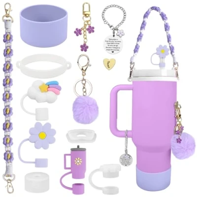 Image de POFIBO Stanley Cup Kit d&#039;accessoires pour gobelet Sangle de poignée bouteille d&#039;eau, bottes en silicone, couvercle paille accessoires 800 ml 1100