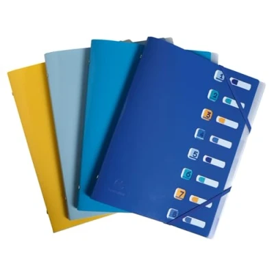 Image de Exacompta Réf. 56110E Carton de 10 trieurs Bee Blue avec élastiques et fenêtres découpées couverture intérieur en PP recyclé 8 compartiments pour A4 dim 25 x 32 cm assorties