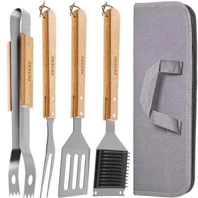 Image de Ensemble d&#039;ustensiles de Barbecue Essentiels en Acier INOX et Bois 4 pièces Résistant à la Chaleur antirouille avec Sac Transport Pratique