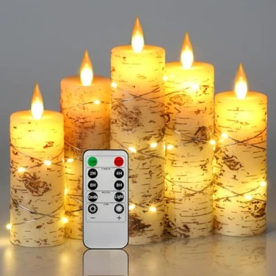 Image de Bougies à LED Lot de 5 sans flamme peintes la main en écorce bouleau encastrer alimentées par piles avec télécommande 10 boutons