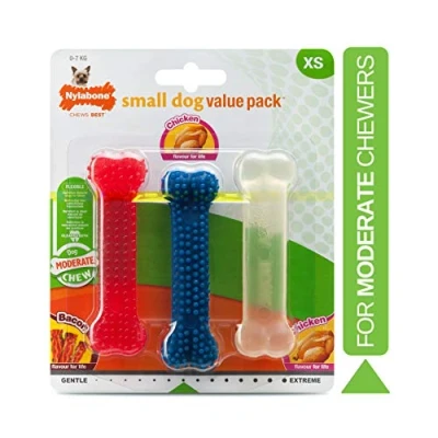 Image de Nylabone Jouet dentaire à mâcher, lot de 3, en forme d’os, arômes poulet et bacon, pour les tout petits chiens (jusqu’à 7kg), mâchouilleurs modérés