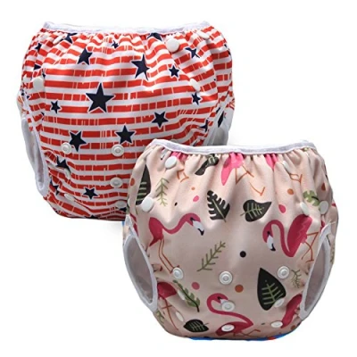 Image de Luxja Couches de Bain, Bébé Maillot Bain 2PCS, Lavable, Réutilisable, Ajustable, Pour les enfants 0 3 Ans, Flamant Forêt + Étoiles Rouges