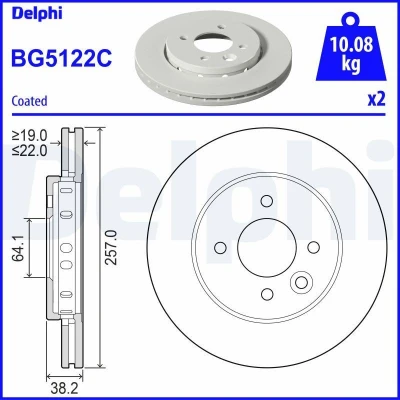 Image de DELPHI BG5122C Disque de frein 257 22 4 ventilé revêtu non traité sans roulement roue, bague ABS