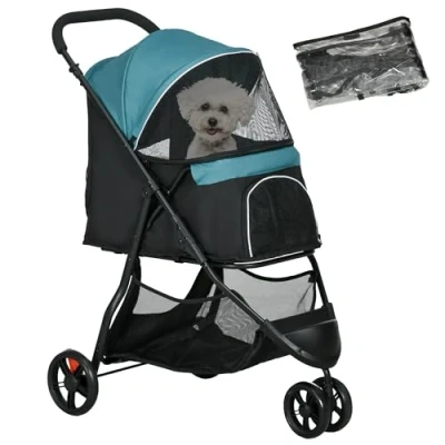 Image de poussette pour chien PawHut 2 en 1, avec protection contre la pluie, pliable chat fenêtre maille petits chiens miniatures, Oxford, vert foncé