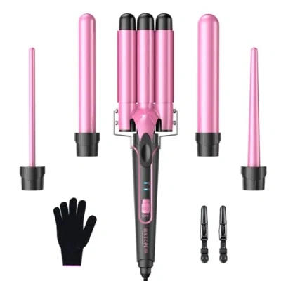 Image de Set de fer à friser 5 en 1 ondulé 3 fûts pour grands sans boucles, bigoudis céramique avec différents accessoires, réglage la température, chauffage rapide