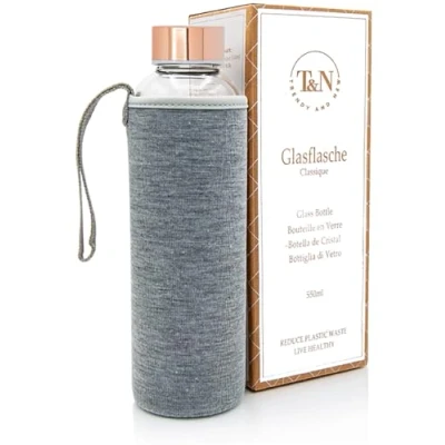 Image de T&amp;N Bouteille en verre 550ml Gourde boisson avec couvercle néoprène étanche borosilicaté plus épais pour eau minérale Design mince