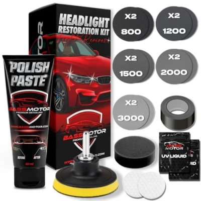 Image de BassMotor Kit Complet pour polir les phares ternes et usés la restauration de voiture Ensemble nettoyer poncer le contrôle technique améliorer visibilité sécurité