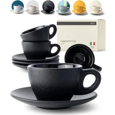 Image de KIVY Lot de 4 Tasses à cappuccino [170 ml] Ensemble en céramique paroi épaisse pour latte art Tasse et soucoupe noire