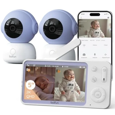 Image de BOIFUN 2K 5&quot; Babyphone 2 Caméra avec Application Telephone, Rotation à 360, Surveillance des Mouvements &amp; Suivi Automatique, Détection de Zone Personnalisée, Zoom 4X