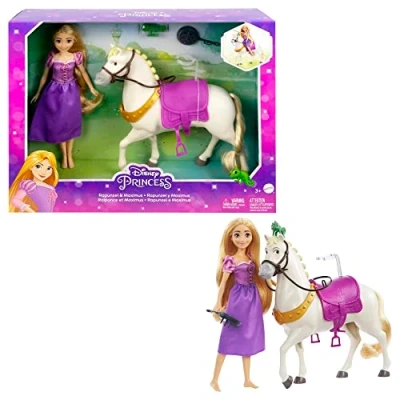 Image de Mattel Princesses Disney Coffret Raiponce et Maximus avec Poupée Raiponce, cheval Maximus, figurine Pascal, brosse accessoires de monte, Jouet Enfant, Dès 3 ans, HLW23
