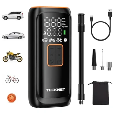 Image de TECKNET Compresseur à Air Portatif 6000mAh,150PSI avec éCran LCD Numérique, éClairage LED,Gonfleur Pneus Voiture sans Fil 5 Modes pour Voiture/VéLo/Moto/Balle/Utilisateur Personnalisé