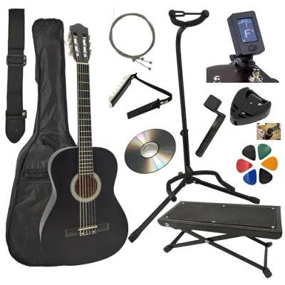 Image de AMROVA Pack Guitare Classique 4/4 (Adulte) Support + Repose Pied 9 Accessoires Cour Vidéo et CD (Noir)