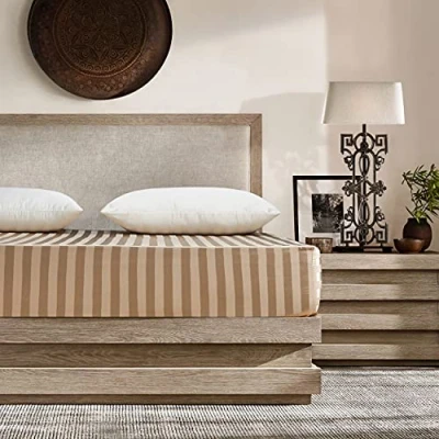 Image de Damier Drap housse en satin 160 x 200 cm Beige Brillant Rayures satinées de qualité supérieure Convient pour les matelas jusqu&#039;à 30