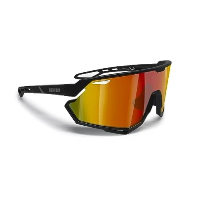 Image de Bertoni Lunettes de Cyclisme VTT Running Sport pour Hommes Femmes en TR90 Protection 100% UV Grand Verre Antibuée mod. ALPHA (Noir Mat/Noir Brillant Miroir Rouge Doré)