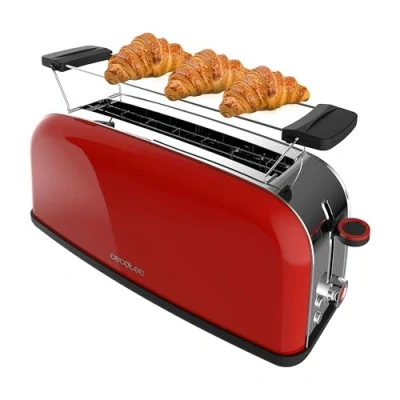 Image de Cecotec Grille pain Vertical 1 Fente Longue Toastin&#039; time 850 Red Long. W, 2 Tranches de Pain, Large 3,8 cm, Support pour Pains et Tiroir Ramasse miettes, Acier Inoxydable, Rouge