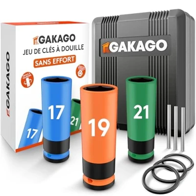 Image de Gakago Douille de protection 17mm 19mm 21mm Jeu douilles pour vis roue avec plastique jantes 1/2 pouce clé dynamométrique et à chocs
