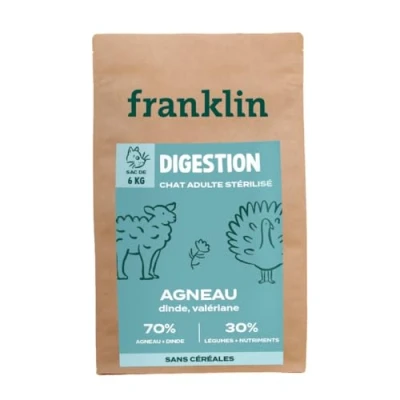 Image de Franklin Croquettes pour Chat Stérilisé Sensible Gamme Bien être avec 70% d&#039; Agneau et Dinde sans céréales Digestion Facile Taille 10mm 6 kg