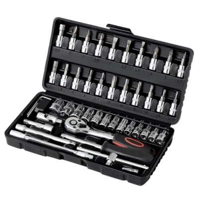 Image de Ordeluxe 46 pcs Cr V Kit de Cle plate a cliquet et Clé à douille,Clé 1/4&quot; 72 dents,Clé avec Boite outils.Outillage mecanique auto chromé poli miroir,idéal pour réparatio