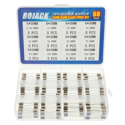 Image de BOJACK 12 Valeurs 60 Pièces Kit d&#039;assortiment de fusibles en verre à fusion lente 6x30 mm 250V T 0.5A 1A 2A 3A 4A 5A 6A 7A 8A 10A 15A 20A packag dans une boîte plastique transparent