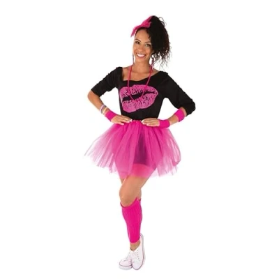 Image de Déguisement femme années 80 rose fluo PTIT CLOWN kit complet avec t shirt, tutu et accessoires