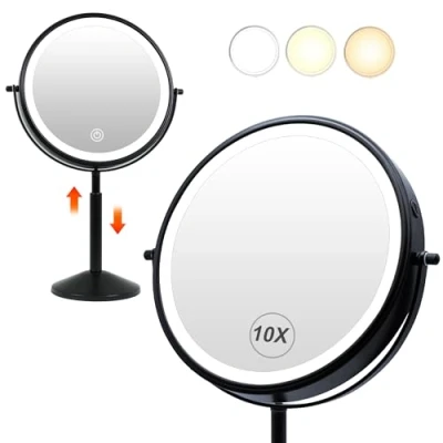 Image de TUSHENGTU 9&quot; Miroir de Maquillage grossissant x 10 avec lumière LED Rechargeable, Hauteur réglable de, Rasage sur Pied, courtoisie Bureau Noir 360 (940B10X)