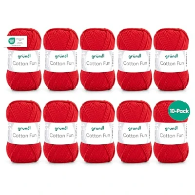 Image de Gründl Cotton Fun fil à tricoter/ crocheter (fil doux en 100% coton, certifié OEKO TEX, 50 g/115 m, taille d&#039;aiguille : 3 4, 1 pelote g), rouge signal LOT DE 10 PELOTES