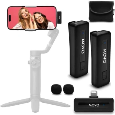 Image de Movo Mini DI Duo sans Fil Double Microphone Lavalier ultracompact pour iPhone avec 2 micros à Clipser, Batterie 10HR, portée 164 Pieds Enregistrement vidéo