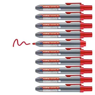 Image de edding retract 12 Marqueur pour tableaux blancs Red 10 stylos Pointe ronde 1,5 3 mm sans capuchon une utilisation d&#039;une main sur tableau blanc, magnétique, en liège, mémo et chevalet