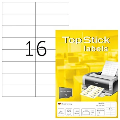 Image de TopStick Pochette de 1600 étiquettes autocollantes multi usages (105 x 37 mm) Personnalisables et imprimables, Impression laser / jet d&#039;encre, (8712)
