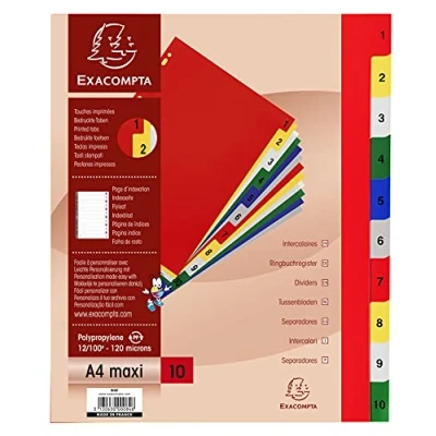 Image de Exacompta Réf. 84E Intercalaires en polypropylène avec 10 onglets imprimés numériques de 1 à couleur Page d&#039;indexation imprimable Format classer A4 maxi Dimensions 24,5 x 29,7 cm