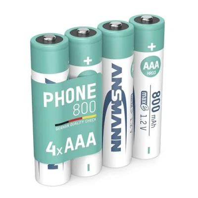 Image de ANSMANN Piles AAA 800 mAh NiMH 1,2 V rechargeables (lot de 4) pour téléphone fixe sans fil, babyphone, talkie walkie, etc. Accumulateurs à faible autodécharge