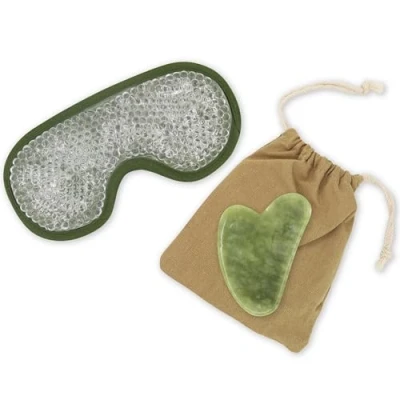 Image de Sun &amp; Sia Kit Masque Yeux Chaud/Froid et Gua Sha en Pierre Naturelle Jade Vert (+Housse) Rafraîchit le Teint, Traite les Poches Cernes, Stimule la Circulation Effet Anti Âge Peau + Ferme