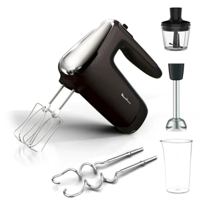 Image de Moulinex Powermix Silence Batteur, 600 W, Technologie silencieuse, Variateur de vitesse, Fonction turbo, 2 fouets, crochets pétrisseurs, Pied mixeur en acier inoxydable, Mini hachoir HM653910