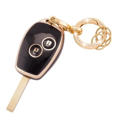 Image de Koaudb Étui de Protection pour clé Voiture 2 Boutons en TPU avec Porte clés Clio Kangoo Megane Laguna Modus Dacia Twingo Smart Key Case Shell Black Gold (R Rnl 2R B)