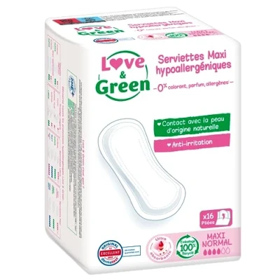 Image de Love &amp; Green Serviettes hygiéniques, écologiques et hypoallergéniques certifiées Ecolabel Dermatest &quot;MAXI NORMAL&quot; x 16 : Sans colorant, parfum, allergènes