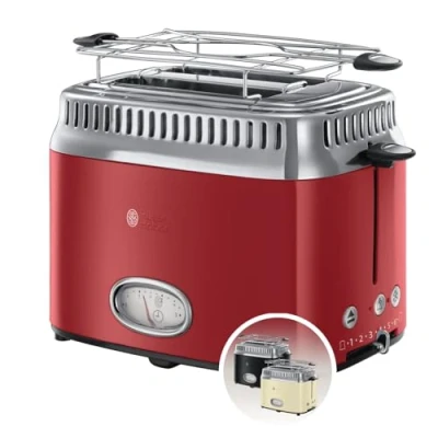 Image de Russell Hobbs Grille Pain [Design Vintage Premium] Retro rouge (2 Tranches, 6 niveaux de brunnissage rapide, Fonction annulation, décongélation &amp; réchauffage Viennoiserie, 1300W) Toaster 21680 56