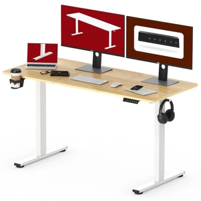 Image de SANODESK QS1 Bureau Assis Debout Électrique 140x60 cm, Réglable en Hauteur, Panneau Clavier Contrôle à Fonctions Mémoires avec Crochet/Porte gobelet, Érable