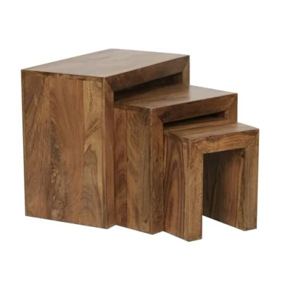 Image de FineBuy Tables gigognes Ensemble Trois pièces Bois Massif Sheesham 45 x 50 30 cm Table de Salon d&#039;appoint Style Maison Campagne Meubles en Basse