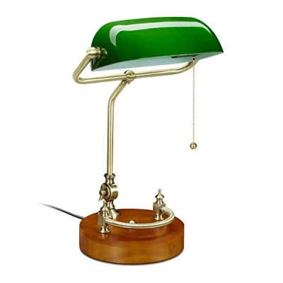Image de relaxdays Lampe de banquier, interrupteur à tirette, abat jour inclinable, design retro, douille E27, bureau,verte 10034408
