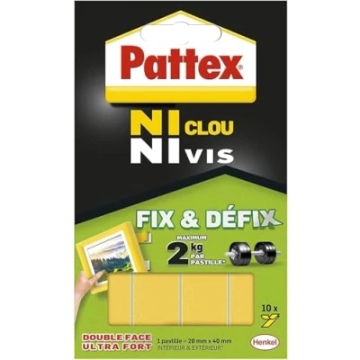 Image de Pattex Ni Clou Vis Fix &amp; Défix (10 pastilles de 20 x 40 mm) Adhésif fixation surpuissant facilement démontable double face pour toutes surfaces et objets