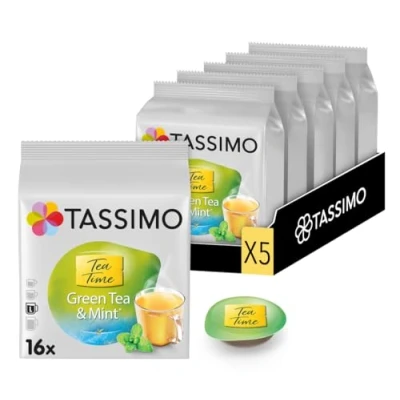 Image de TASSIMO, 80 Dosettes, Thé Vert à la Menthe Tea Time, Compatibles avec les machines Thés Menthe, Subtil et Frais, 5 packs de 16 dosettes